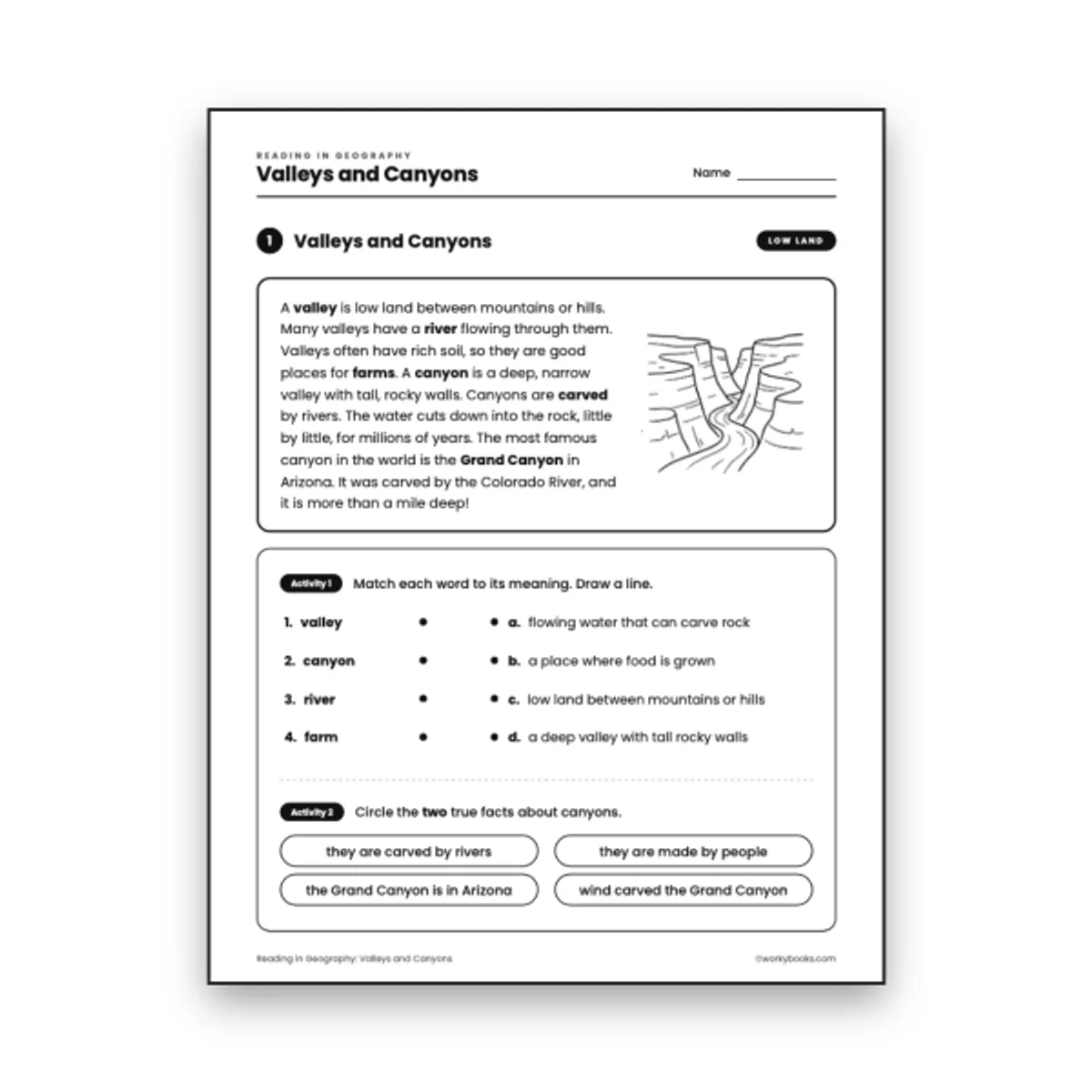 Grade 3 Valleys and Canyons — ela worksheet for Grade 3, page 1 of null