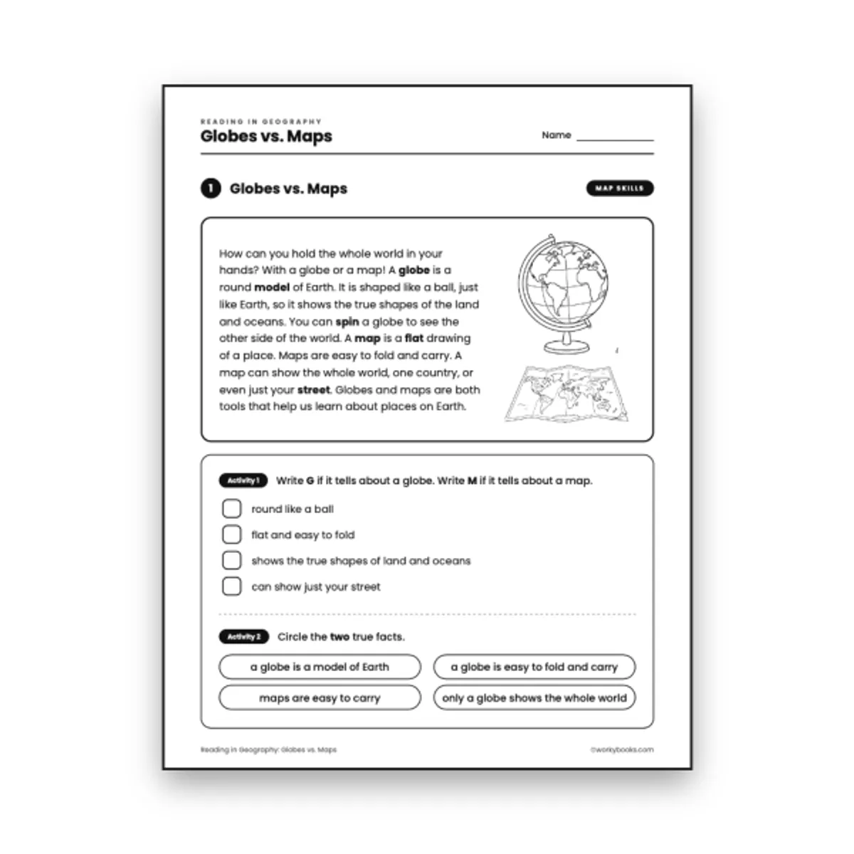 Globes vs. Maps — ela worksheet for Grade 3, page 1 of null