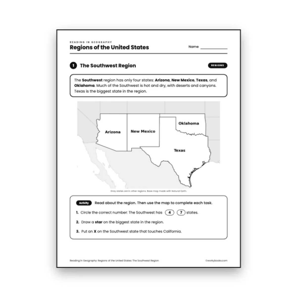 The Southwest Region — ela worksheet for Grade 3, page 1 of 2