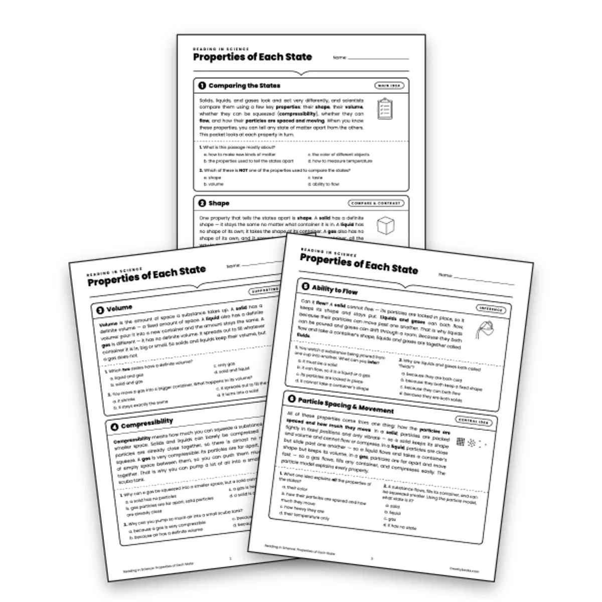 Reading in Science: Properties of Each State — ela worksheet for Grade 6, page 1 of null