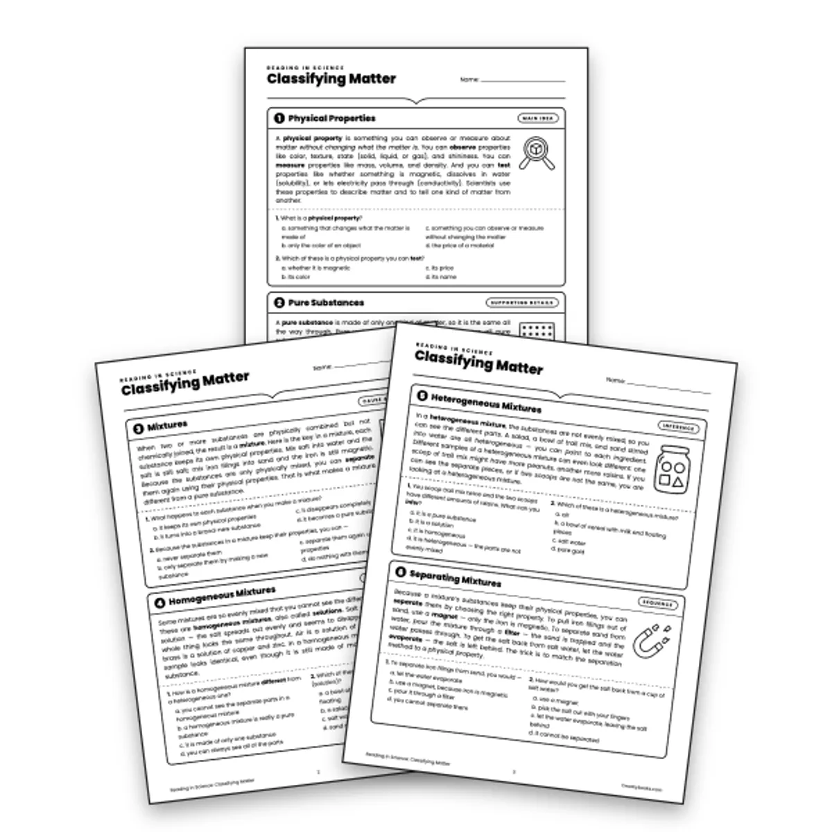 Reading in Science: Classifying Matter — ela worksheet for Grade 6, page 1 of null