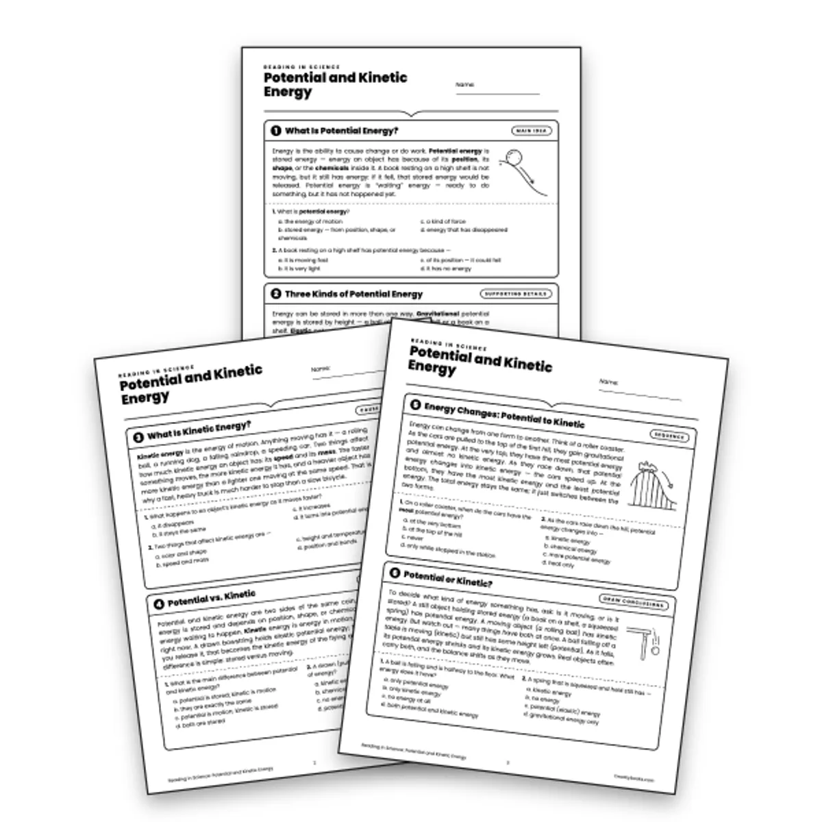 Reading in Science: Potential and Kinetic Energy — ela worksheet for Grade 6, page 1 of null