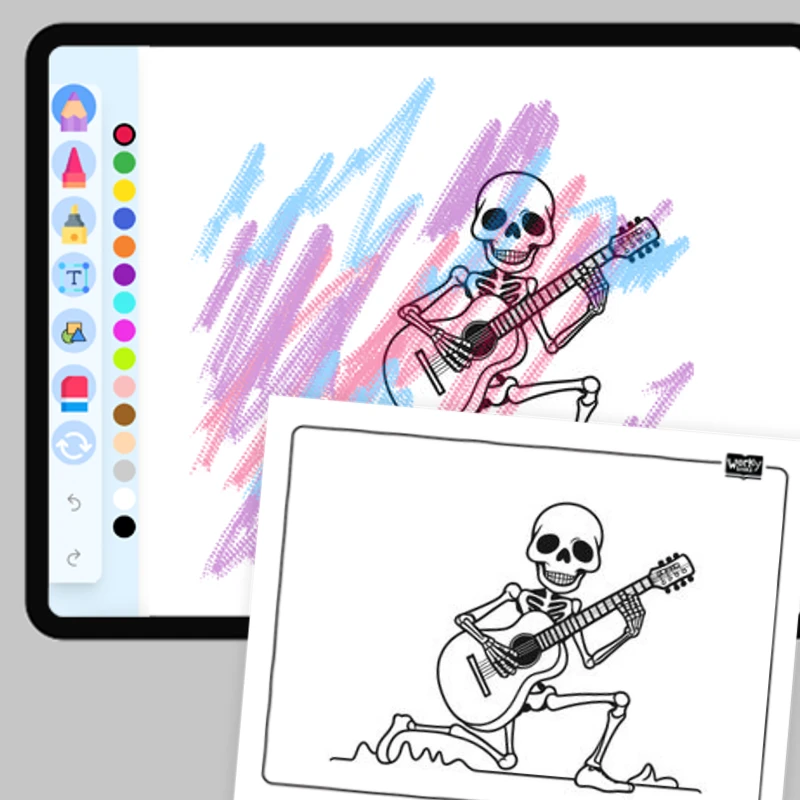 Skeleton playing guitar — coloring-pages coloring page for Grade 1, Grade 2, Grade 3, Grade 4, Grade 5, page 1 of 1