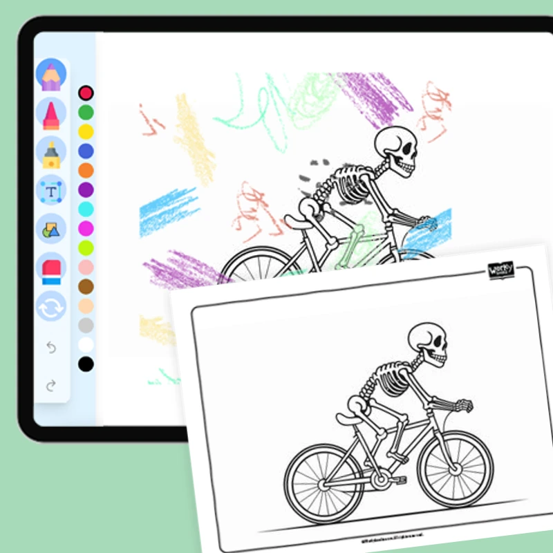 Skeleton riding a bicycle — coloring-pages coloring page for Grade 1, Grade 2, Grade 3, Grade 4, Grade 5, page 1 of 1