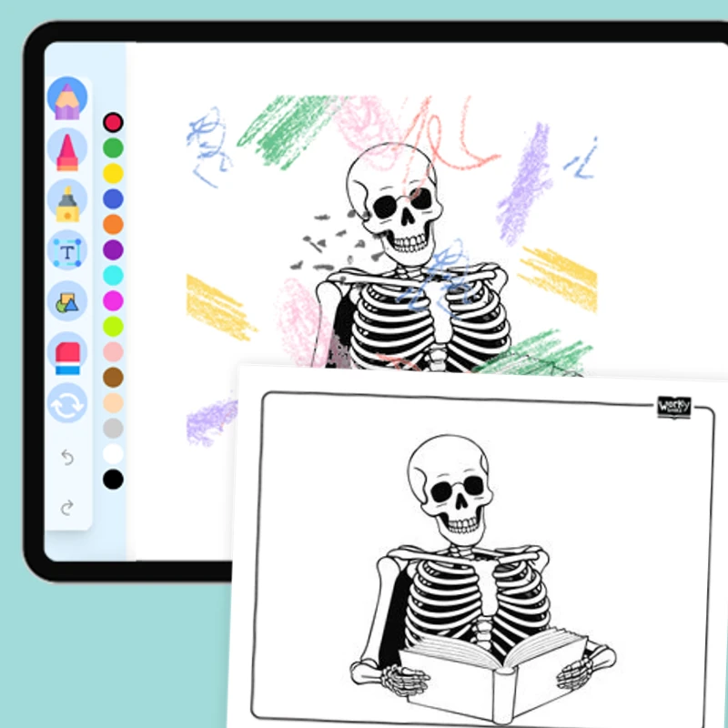 Skeleton reading a book — coloring-pages coloring page for Grade 1, Grade 2, Grade 3, Grade 4, Grade 5, page 1 of 1