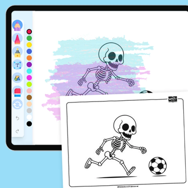 Skeleton playing soccer — coloring-pages coloring page for Grade 1, Grade 2, Grade 3, Grade 4, Grade 5, page 1 of 1