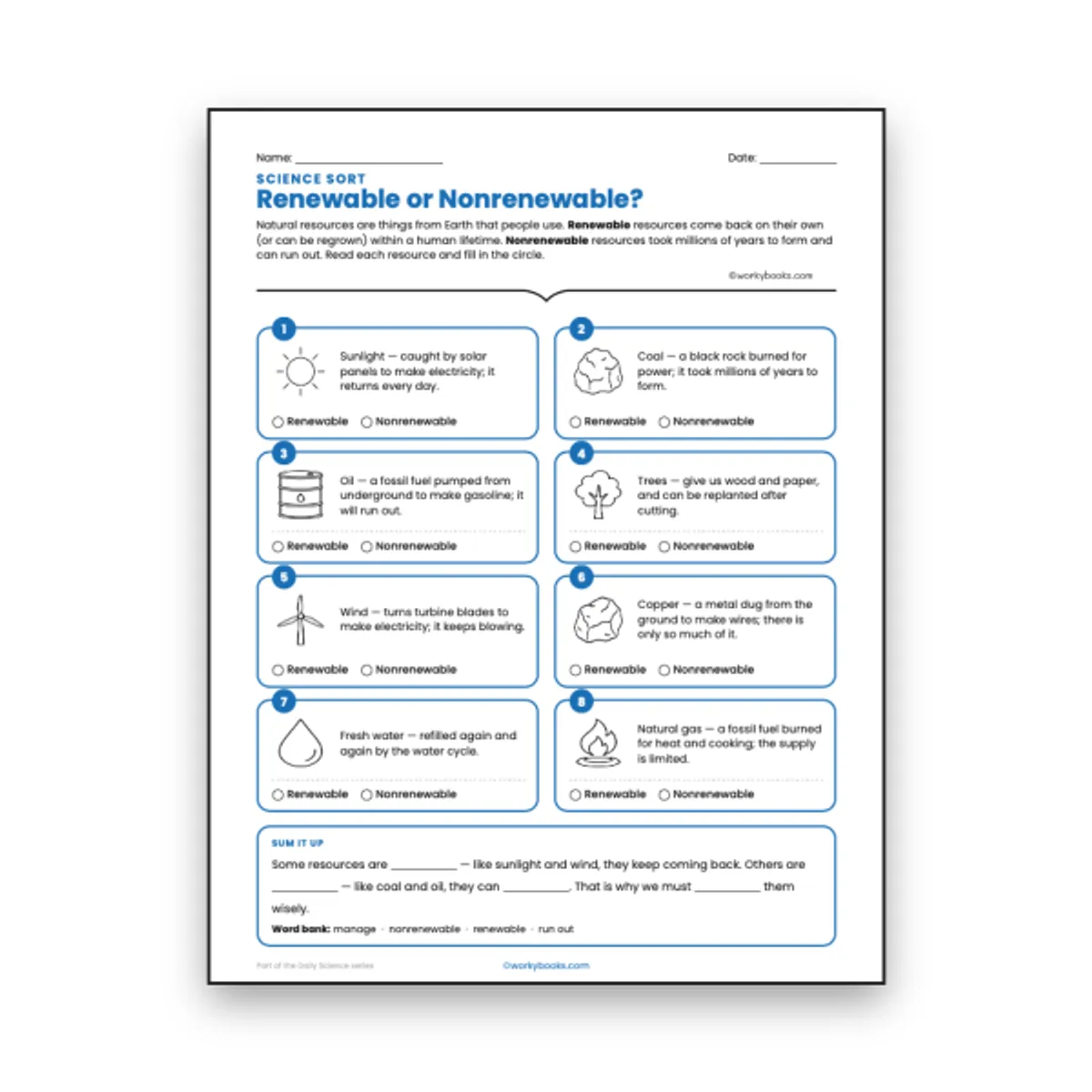 Renewable or Nonrenewable? - Science Sort — ela worksheet for Grade 6, page 1 of null