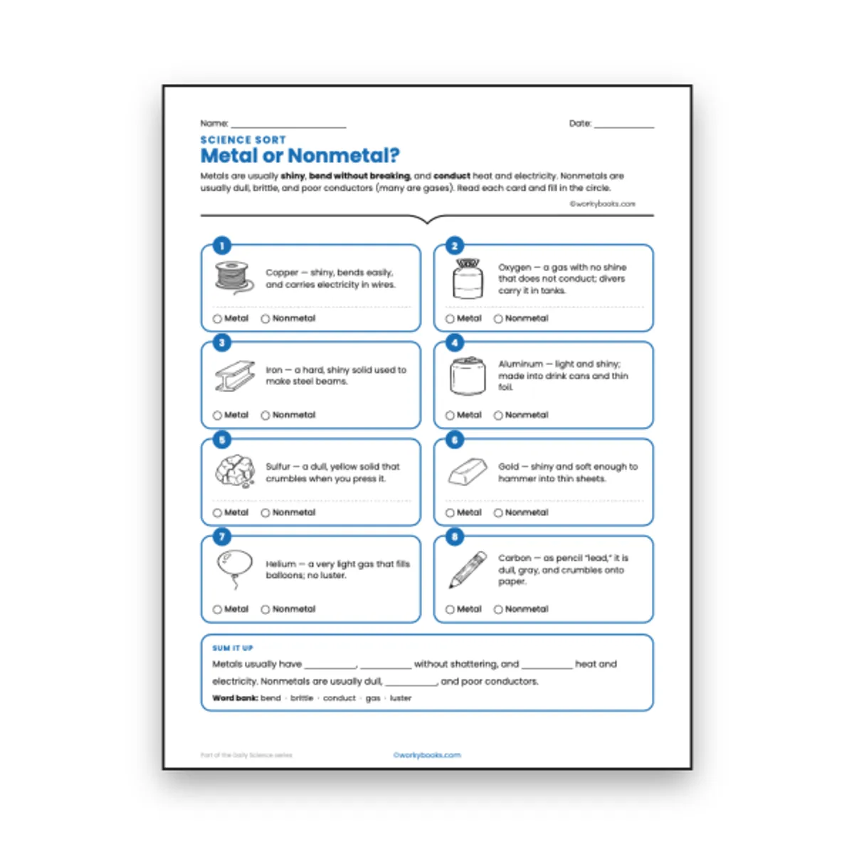 Metal or Nonmetal? — ela worksheet for Grade 6, page 1 of null