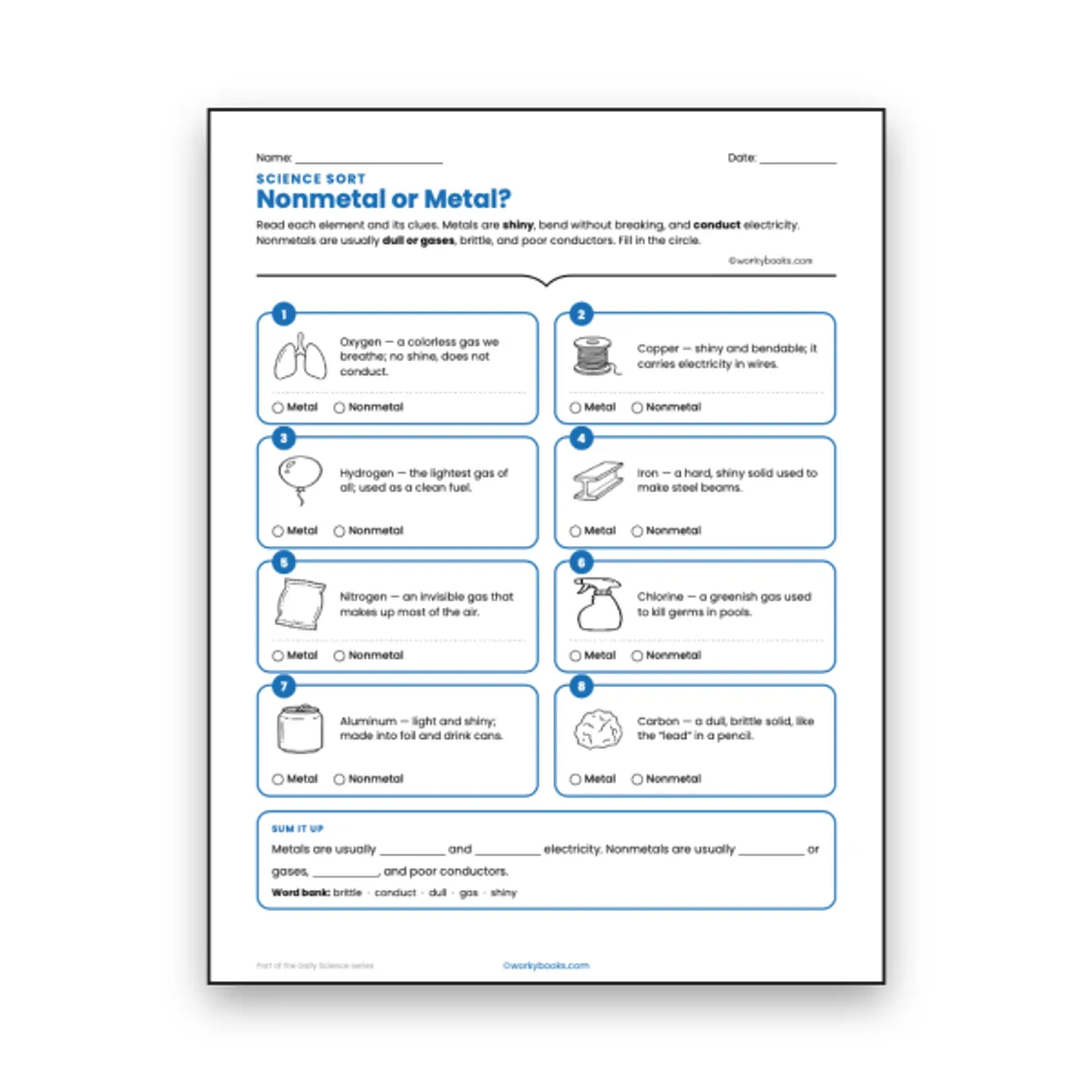 Nonmetal or Metal — ela worksheet for Grade 6, page 1 of null