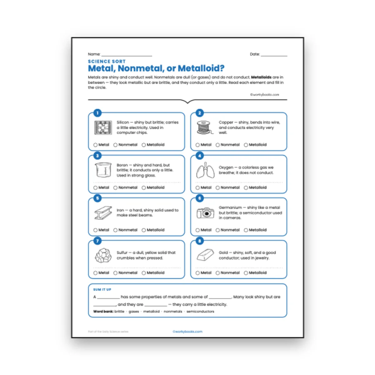 Metal, Nonmetal, or Metalloid? — ela worksheet for Grade 6, page 1 of null