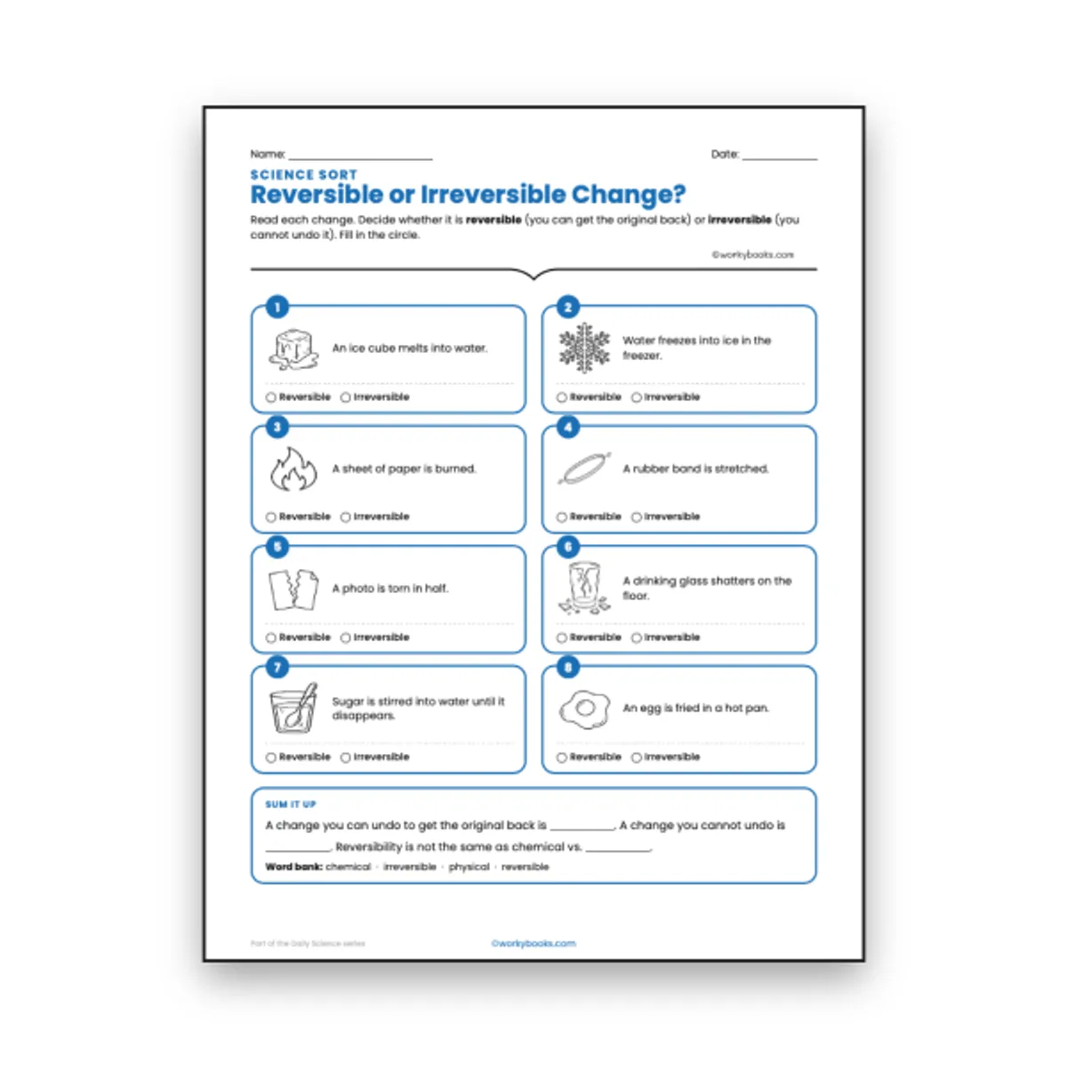 Reversible or Irreversible Change? — ela worksheet for Grade 6, page 1 of null