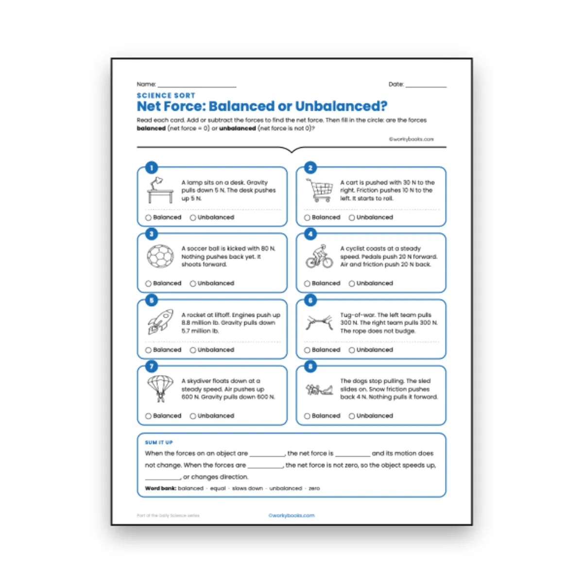 Net Force: Balanced or Unbalanced — ela worksheet for Grade 6, page 1 of null
