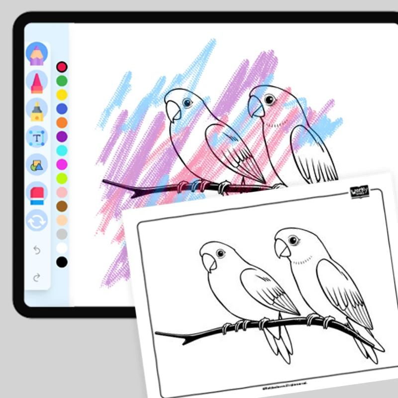 Two Birds on a Tree Branch — coloring-pages coloring page for Grade 1, Grade 2, Grade 3, Grade 4, Grade 5, page 1 of 1
