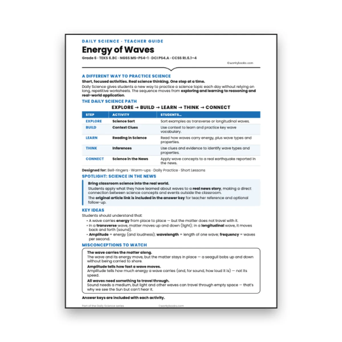 Energy of Waves - Teacher Guide — ela worksheet for Grade 6, page 1 of null