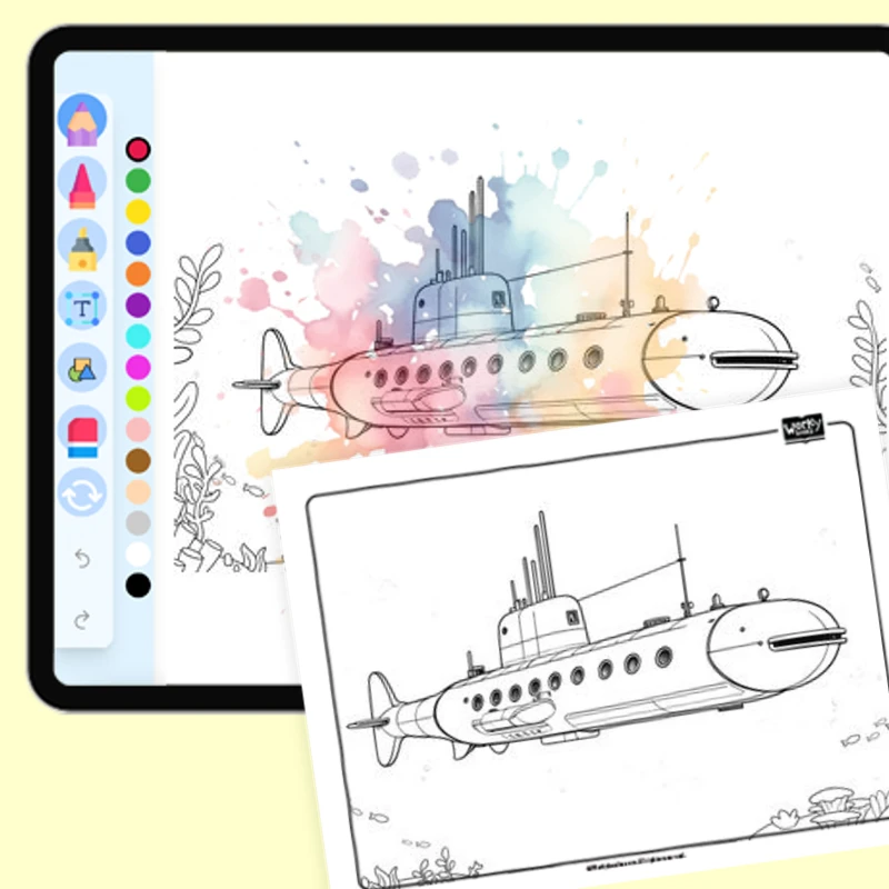 Dive into Coloring! Submarine — coloring-pages coloring page for Grade 1, Grade 2, Grade 3, Grade 4, Grade 5, page 1 of 1