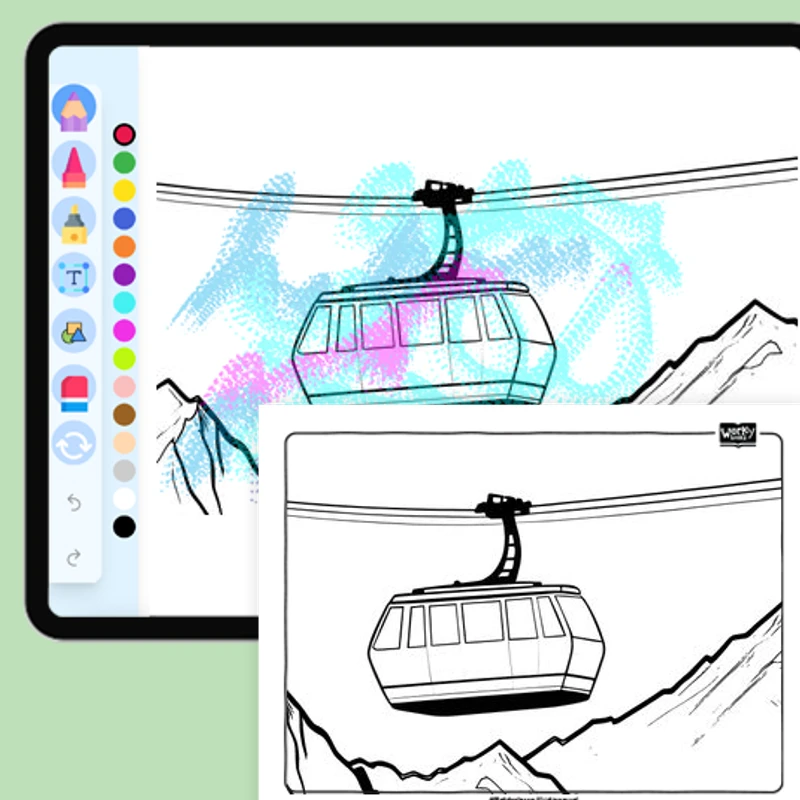 Cable car in the mountains — coloring-pages coloring page for Grade 1, Grade 2, Grade 3, Grade 4, Grade 5, page 1 of 1