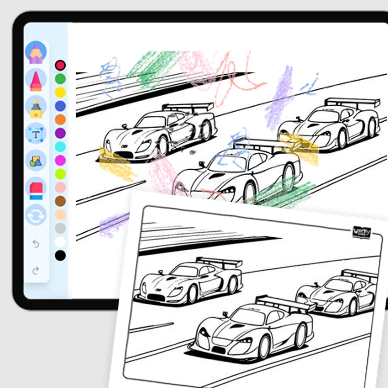Race cars on a track — coloring-pages coloring page for Grade 1, Grade 2, Grade 3, Grade 4, Grade 5, page 1 of 1