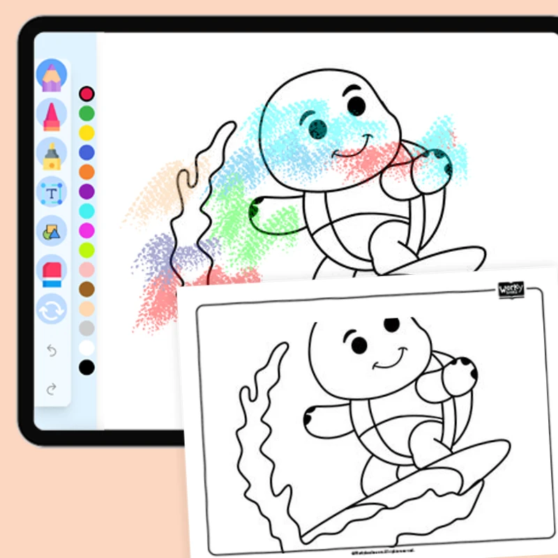 Surfing Sea Turtle — coloring-pages coloring page for Grade 1, Grade 2, Grade 3, Grade 4, Grade 5, page 1 of 1