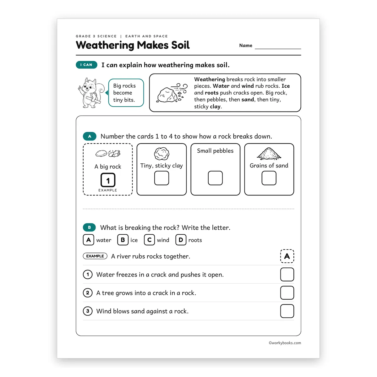 3rd Grade Weathering Makes Soil — science worksheet for Grade 3, page 1 of 2