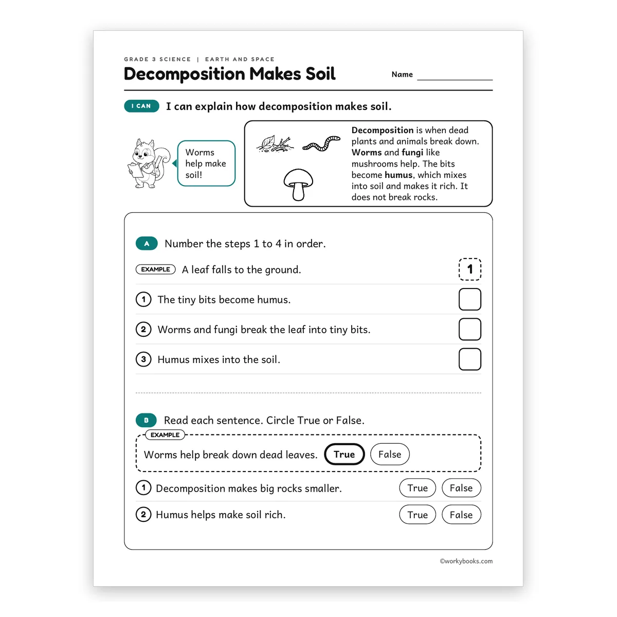 3rd Grade Decomposition Makes Soil — science worksheet for Grade 3, page 1 of 2