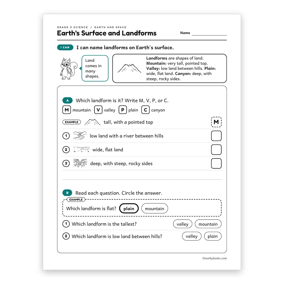3rd Grade Earth's Surface and Landforms — science worksheet for Grade 3, page 1 of 2