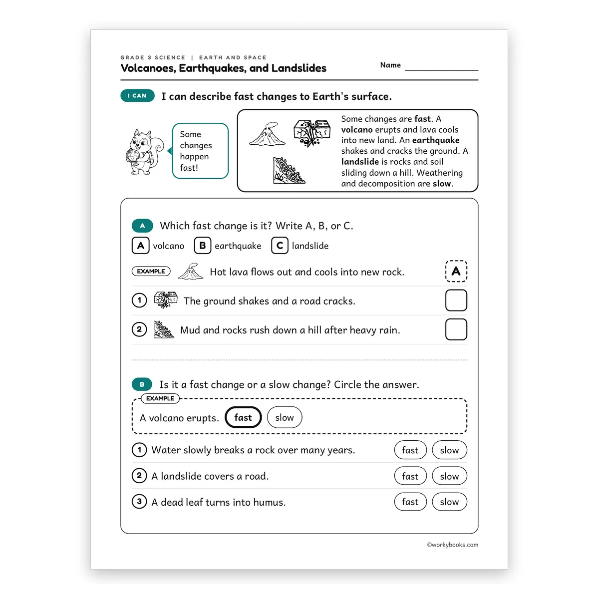 3rd Grade Volcanoes, Earthquakes, and Landslides — science worksheet for Grade 3, page 1 of 2