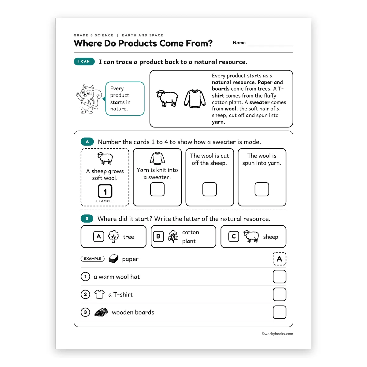 3rd Grade Where Do Products Come From? — science worksheet for Grade 3, page 1 of 2