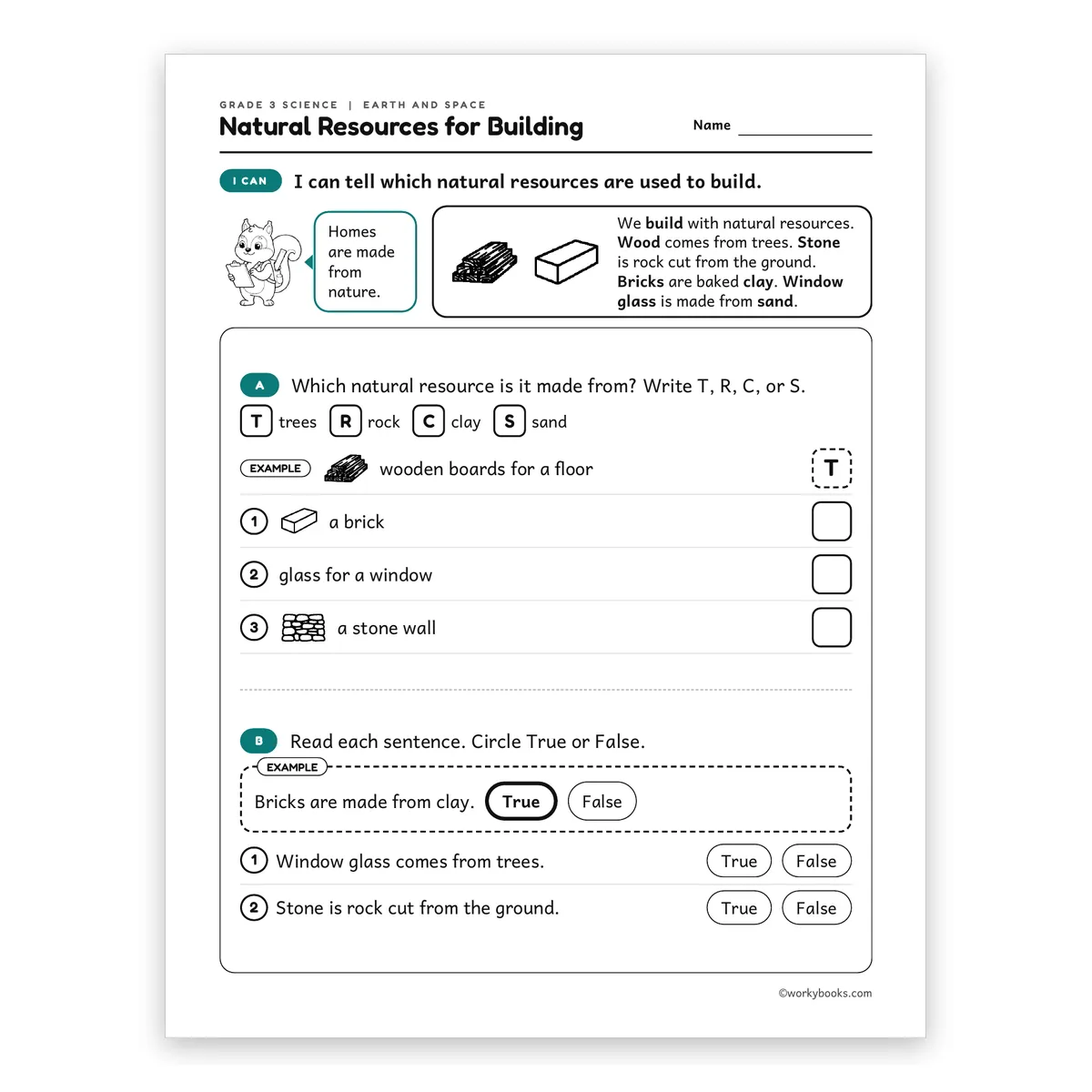 3rd Grade Natural Resources for Building — science worksheet for Grade 3, page 1 of 2