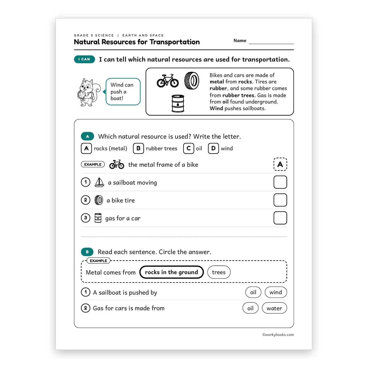 3rd Grade Natural Resources for Transportation — science worksheet for Grade 3, page 1 of 2