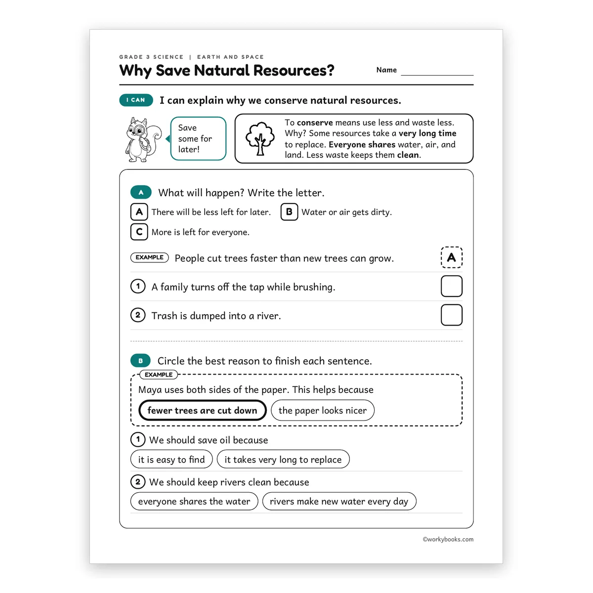 3rd Grade Why Save Natural Resources? — science worksheet for Grade 3, page 1 of 2