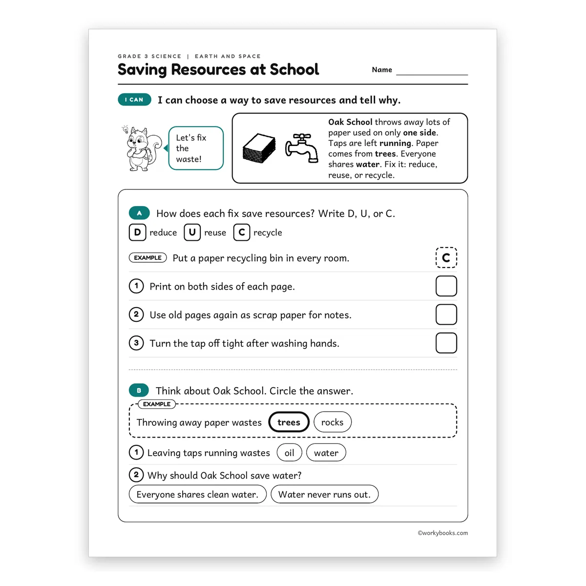3rd Grade Saving Resources at School — science worksheet for Grade 3, page 1 of 2