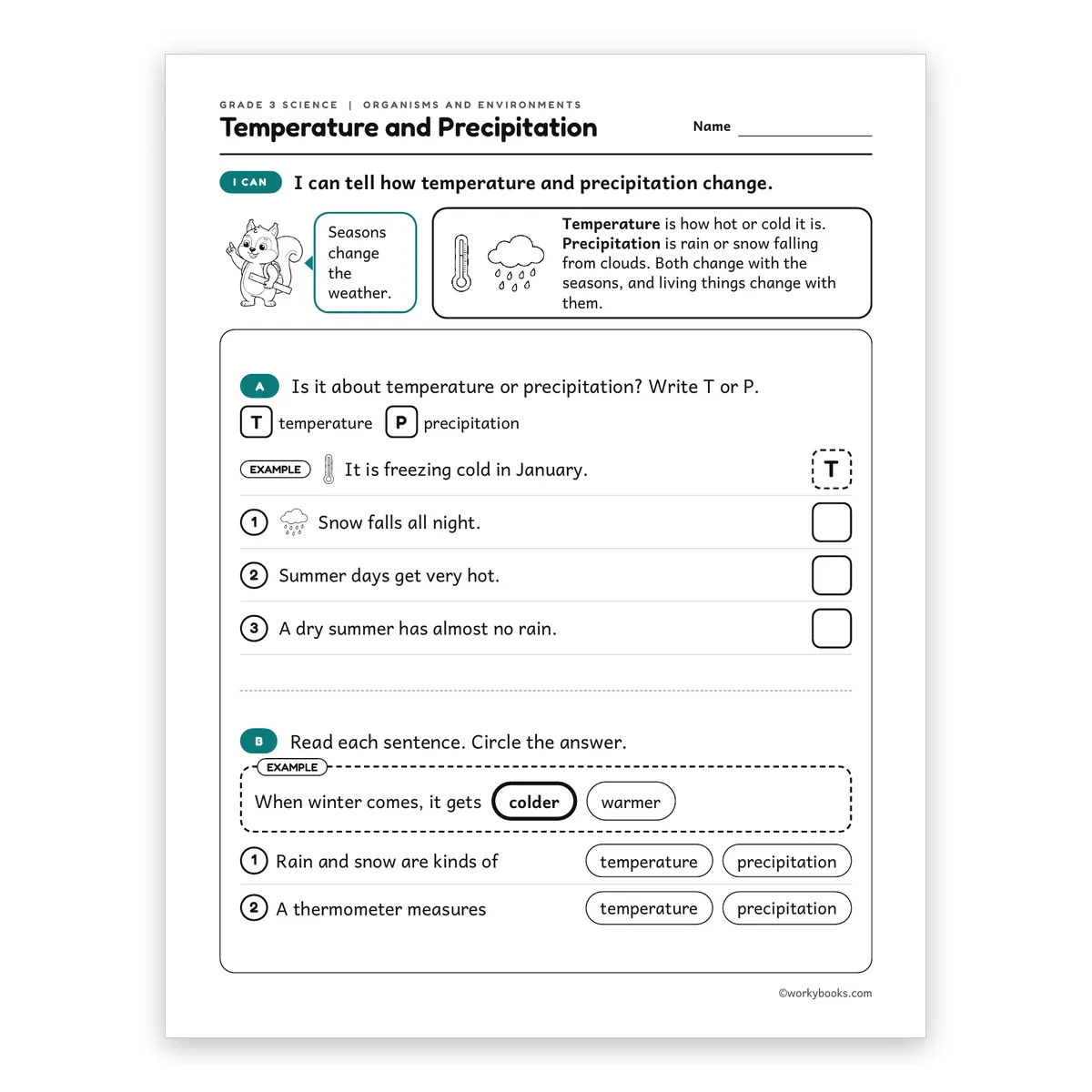 3rd Grade Temperature and Precipitation — science worksheet for Grade 3, page 1 of 2