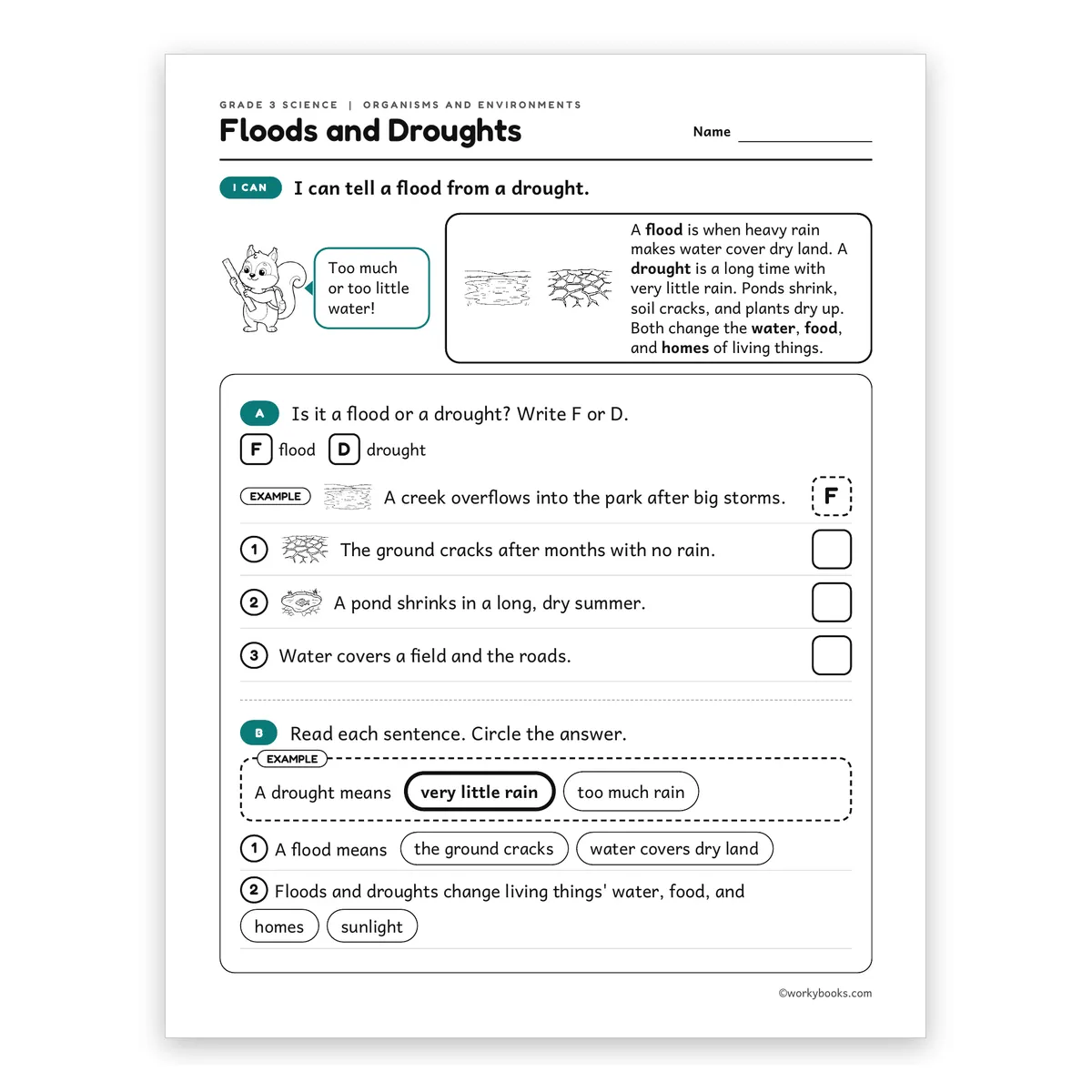 3rd Grade Floods and Droughts — science worksheet for Grade 3, page 1 of 2