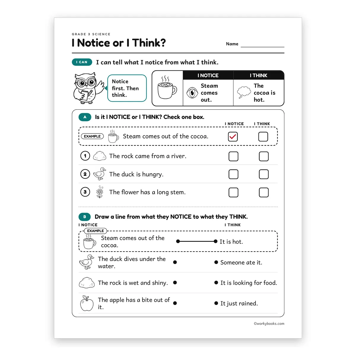 I Notice or I Think? — science worksheet for Grade 3, page 1 of 2