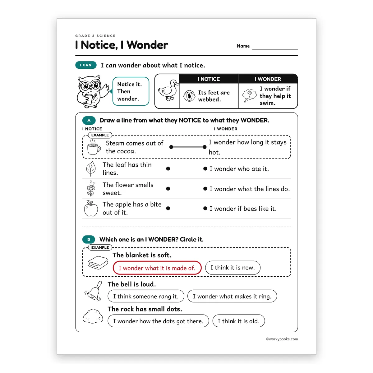 I Notice, I Wonder — science worksheet for Grade 3, page 1 of 2