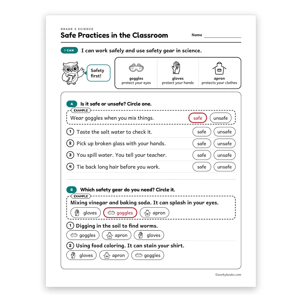 Safe Practices in the Classroom — science worksheet for Grade 3, page 1 of 2