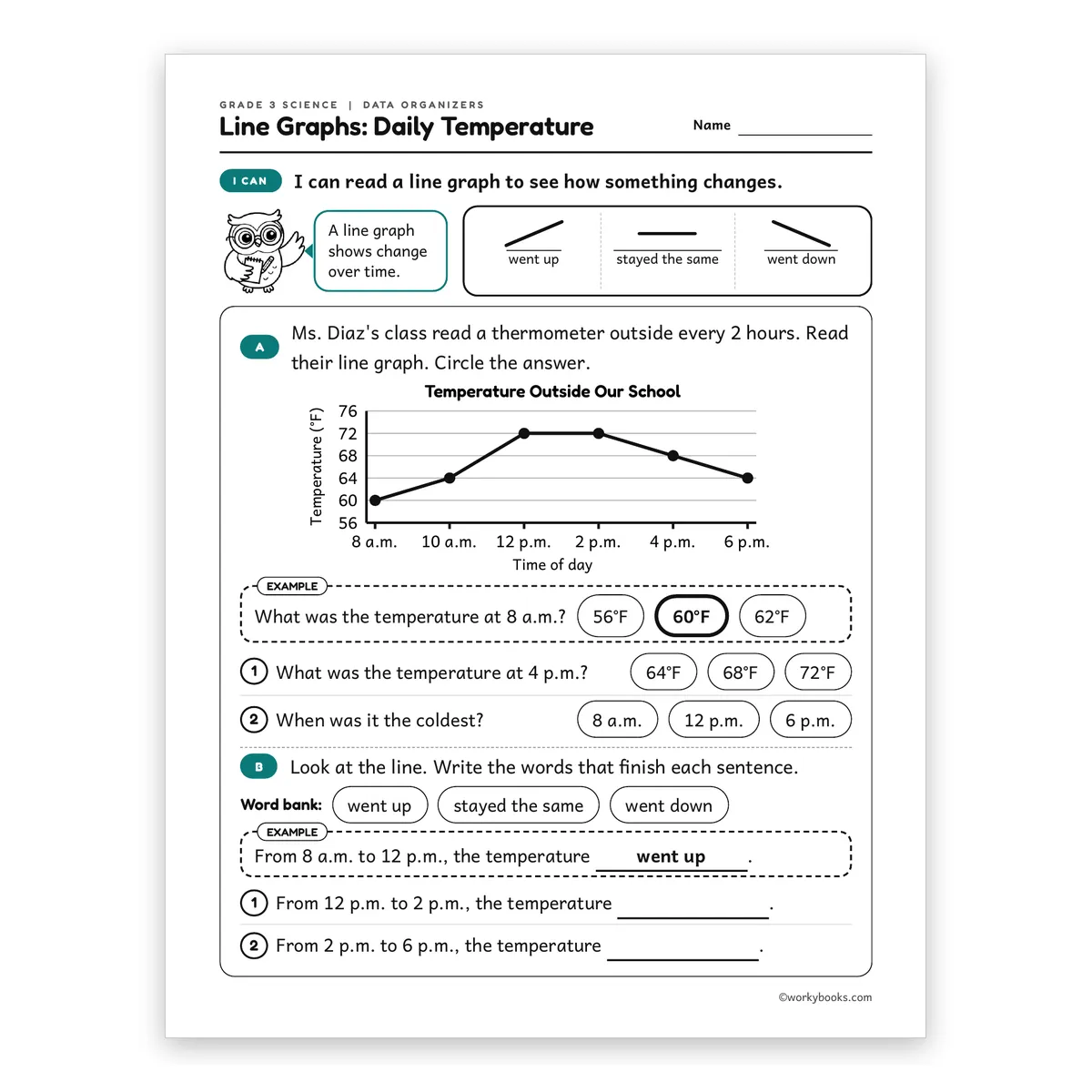 3rd Grade Line Graphs: Daily Temperature — science worksheet for Grade 3, page 1 of 2