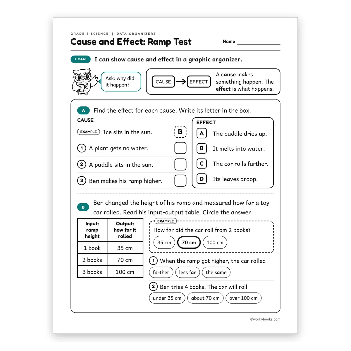 3rd Grade Cause and Effect: Ramp Test — science worksheet for Grade 3, page 1 of 2
