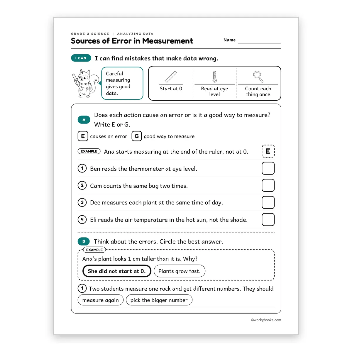 3rd Grade Sources of Error in Measurement — science worksheet for Grade 3, page 1 of 2