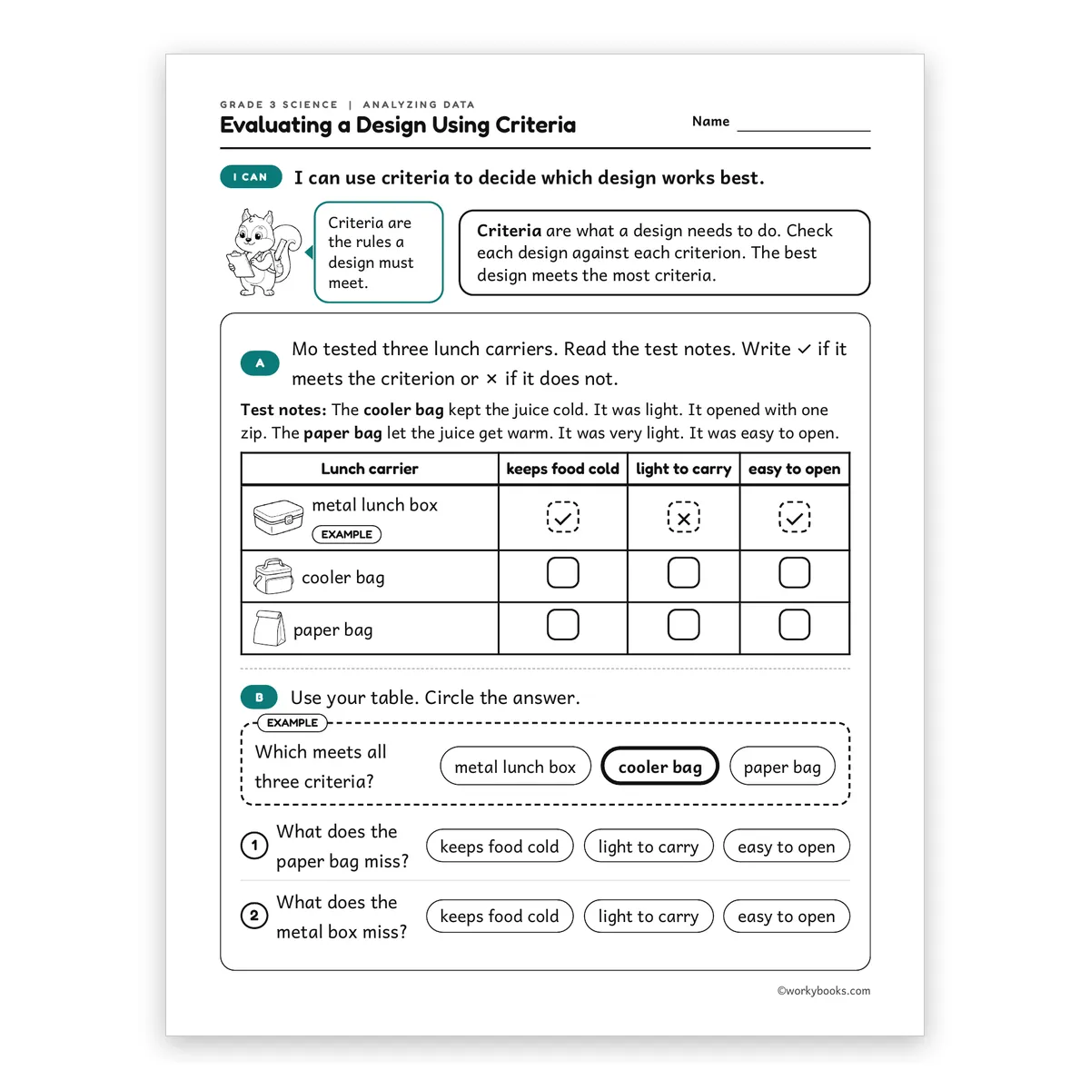 3rd Grade Evaluating a Design Using Criteria — science worksheet for Grade 3, page 1 of 2