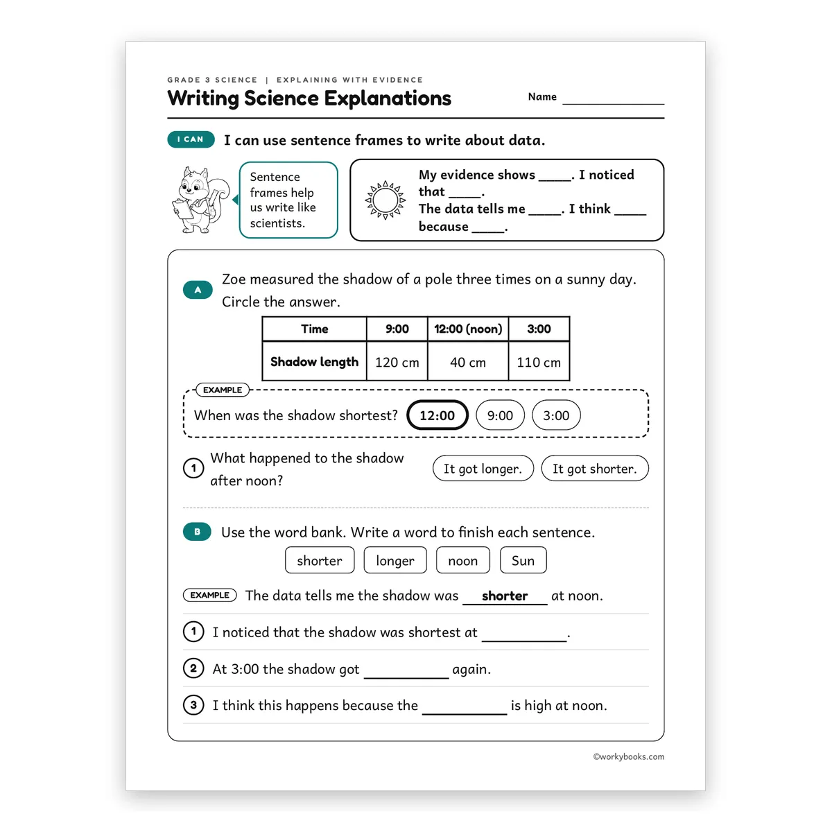 3rd Grade Writing Science Explanations — science worksheet for Grade 3, page 1 of 2