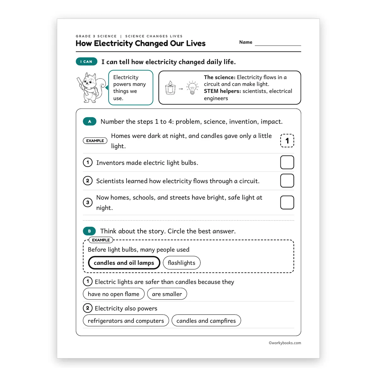 3rd Grade How Electricity Changed Our Lives — science worksheet for Grade 3, page 1 of 2