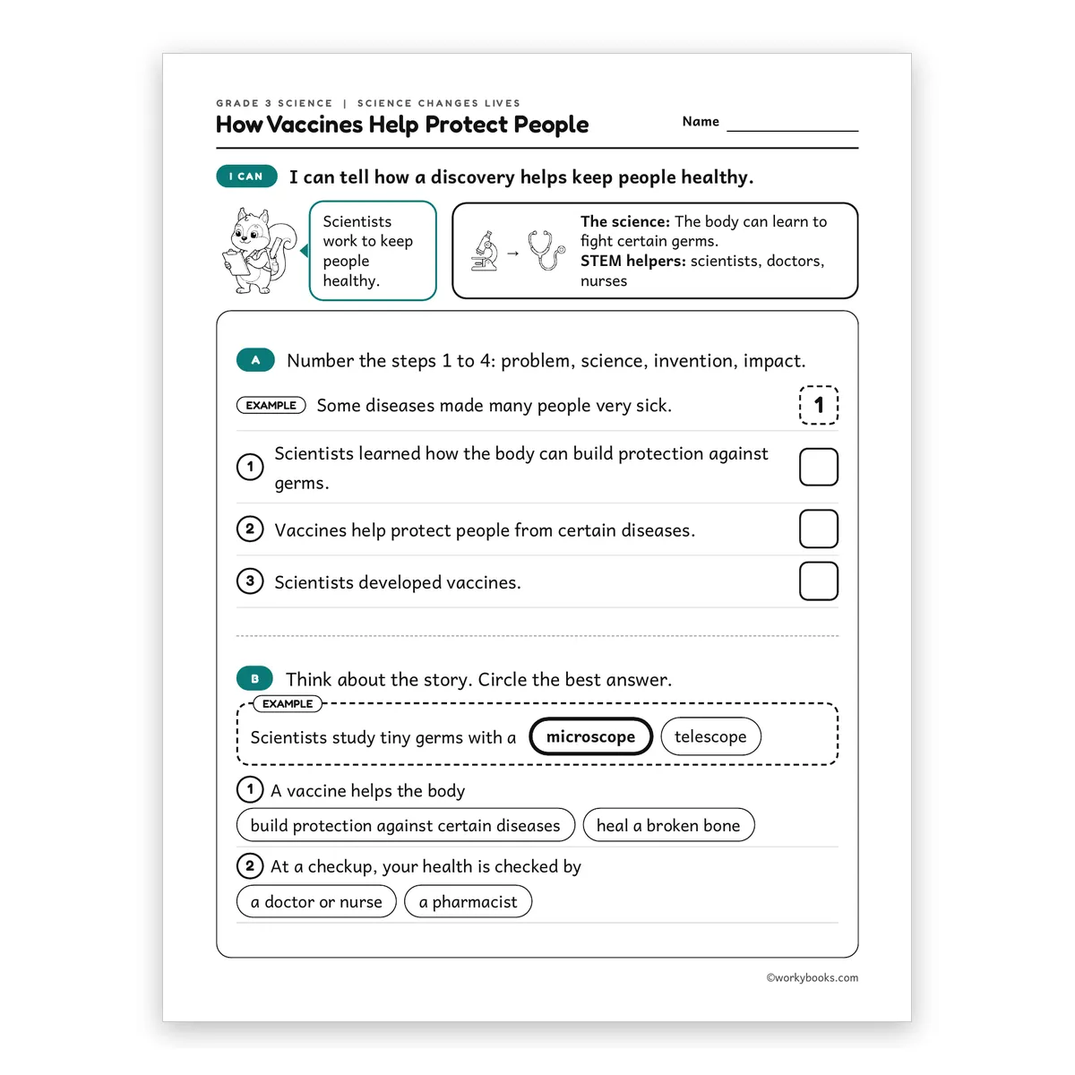 3rd Grade How Vaccines Help Protect People — science worksheet for Grade 3, page 1 of 2