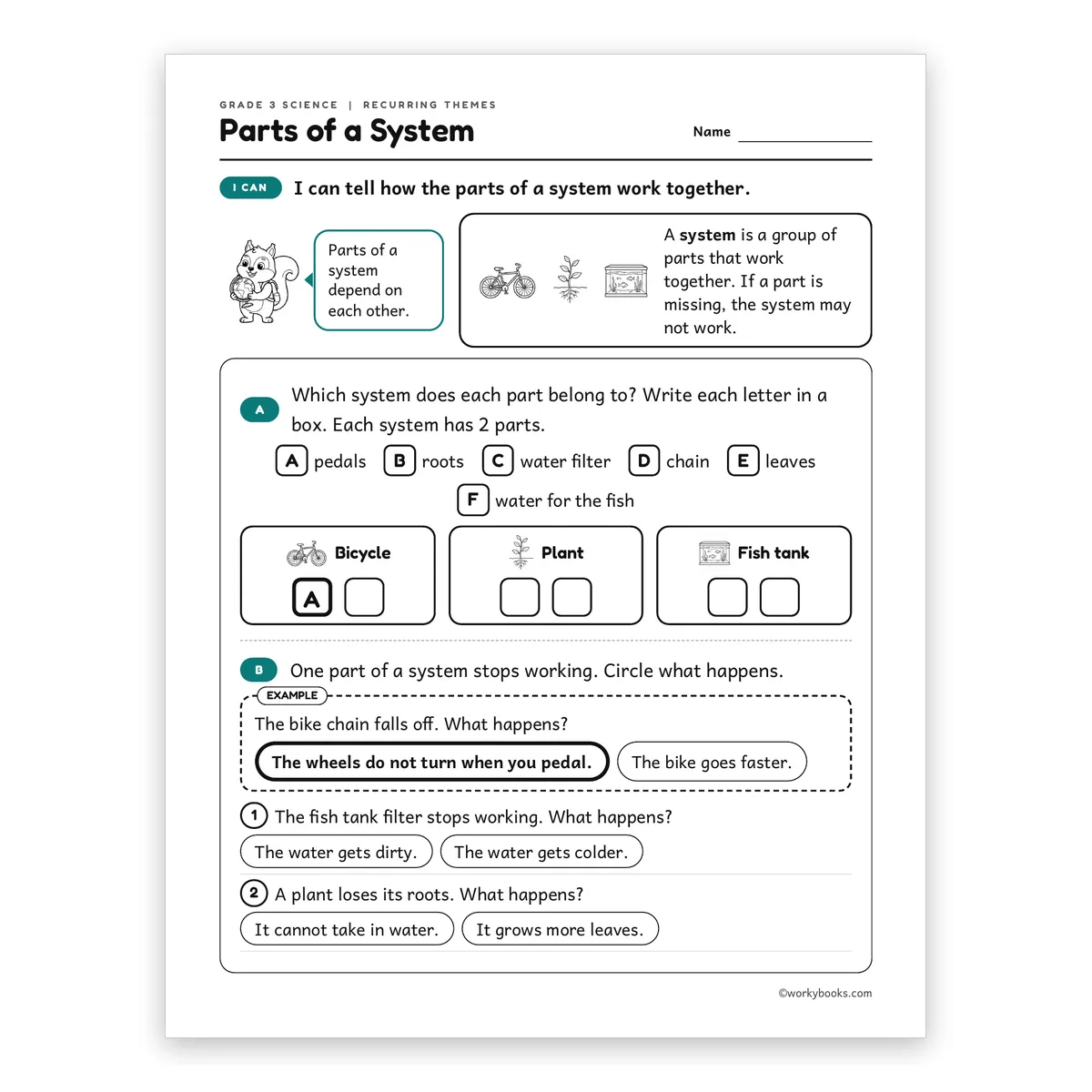 3rd Grade Parts of a System — science worksheet for Grade 3, page 1 of 2