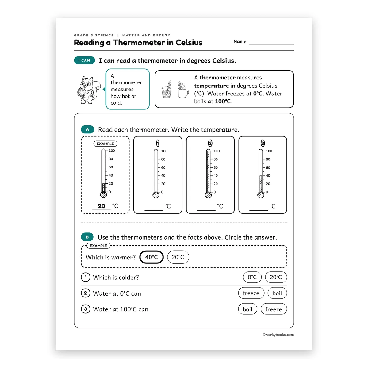 3rd Grade Reading a Thermometer in Celsius — science worksheet for Grade 3, page 1 of 2