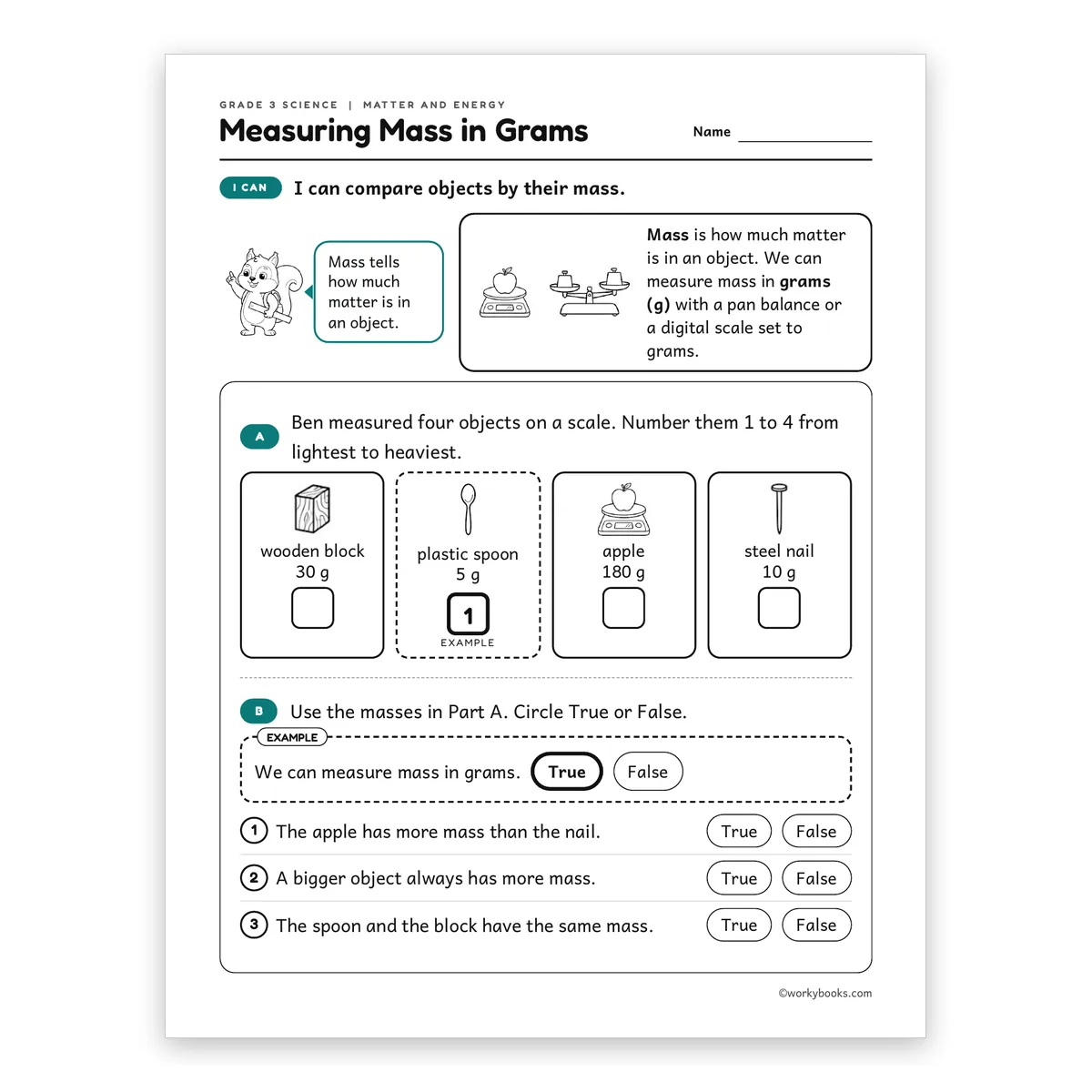 3rd Grade Measuring Mass in Grams — science worksheet for Grade 3, page 1 of 2