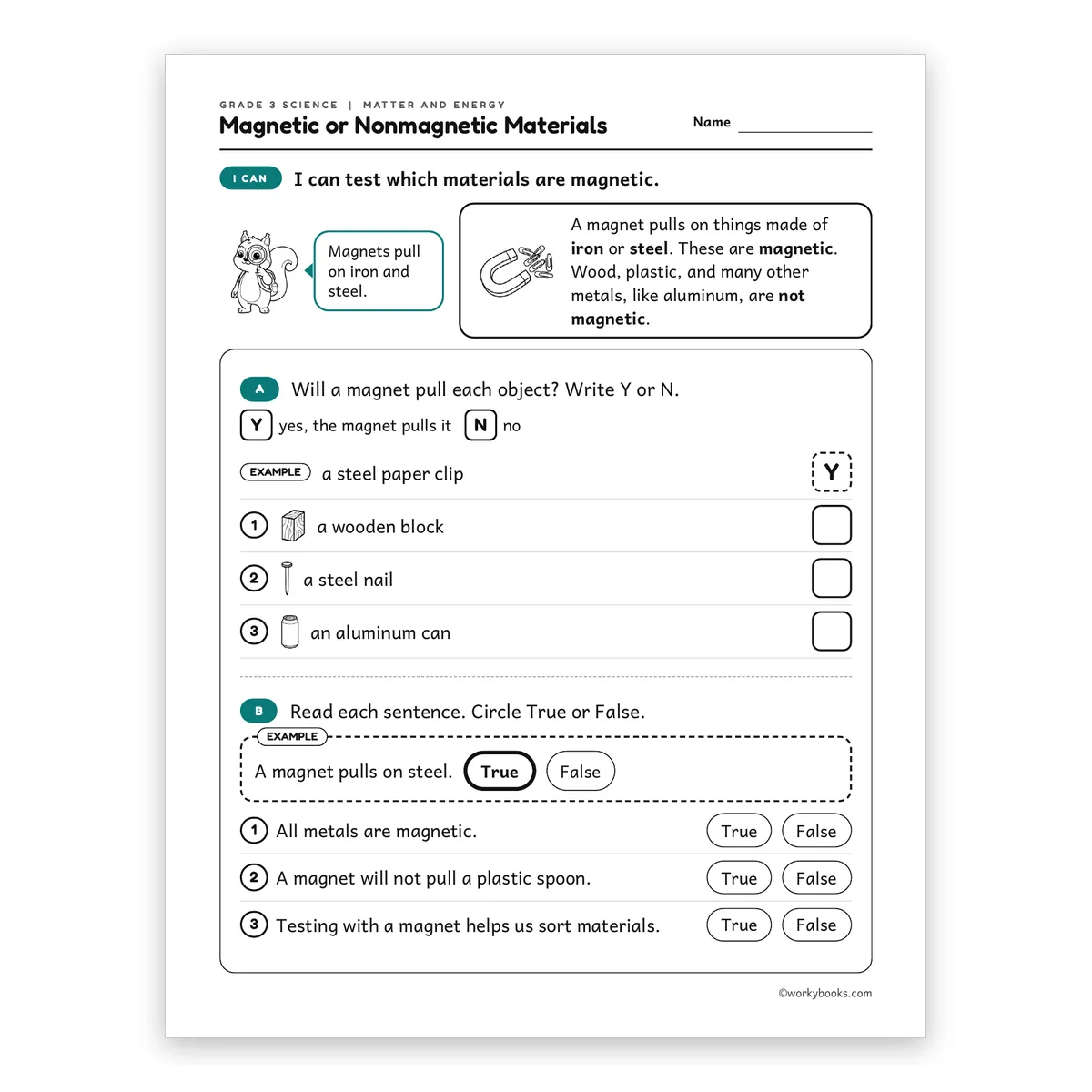 3rd Grade Magnetic or Nonmagnetic Materials — science worksheet for Grade 3, page 1 of 2