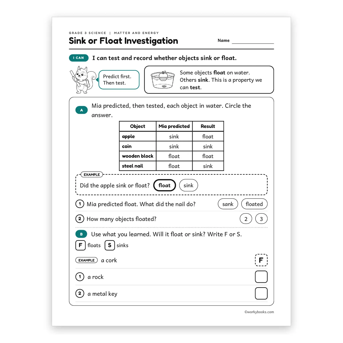 3rd Grade Sink or Float Investigation — science worksheet for Grade 3, page 1 of 2