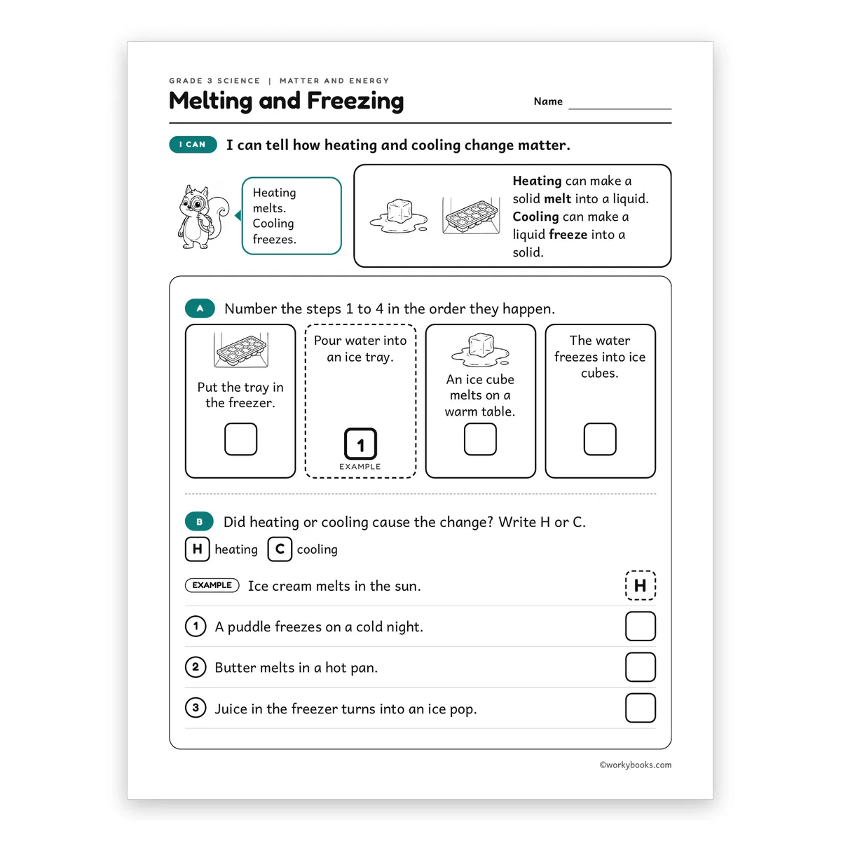 3rd Grade Melting and Freezing — science worksheet for Grade 3, page 1 of 2