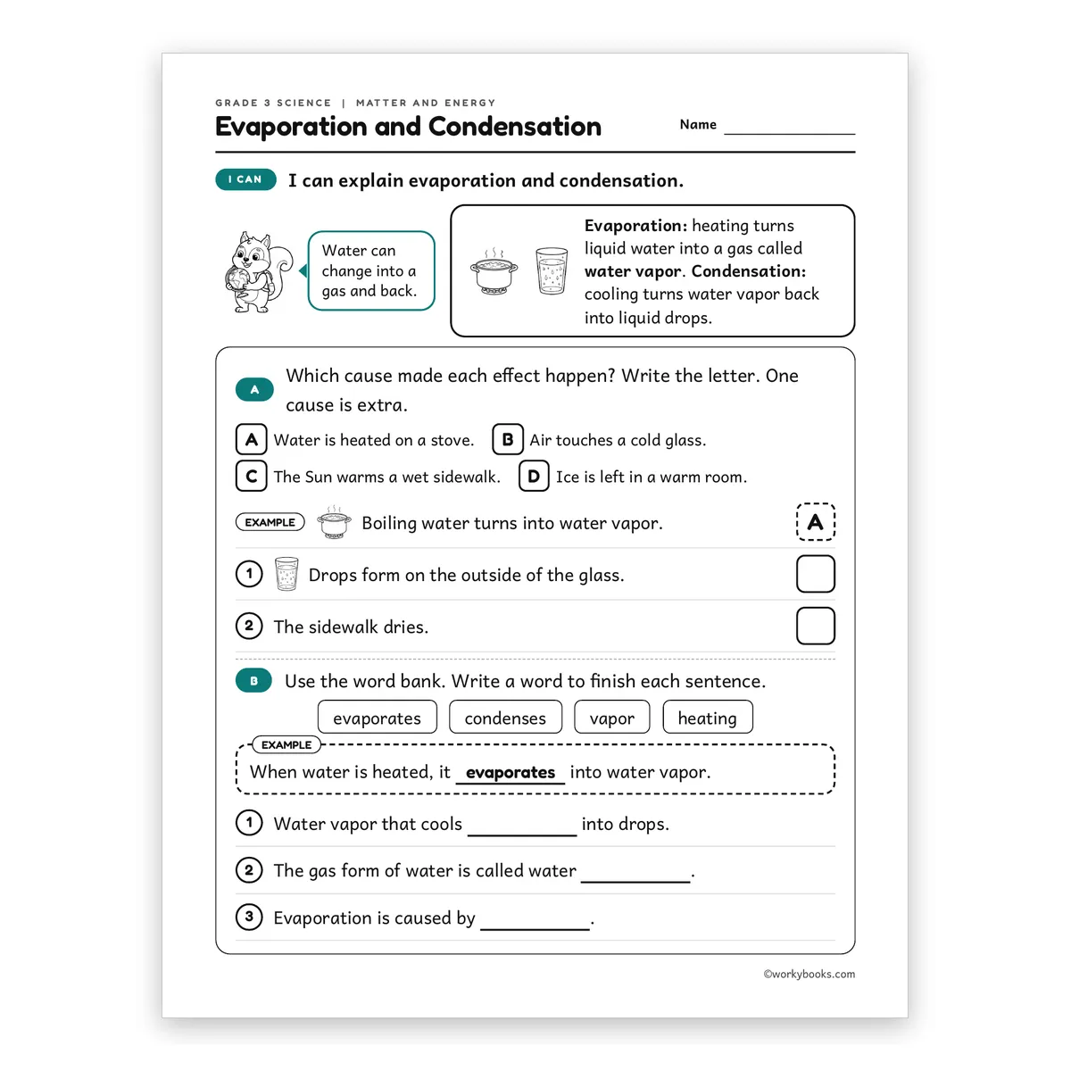 3rd Grade Evaporation and Condensation — science worksheet for Grade 3, page 1 of 2